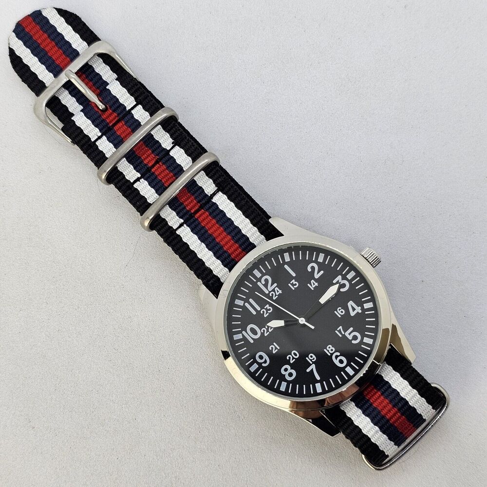 Field Watch Men 42MM Gray Case Black Dial White Red Blue Black Canvas Strap Band